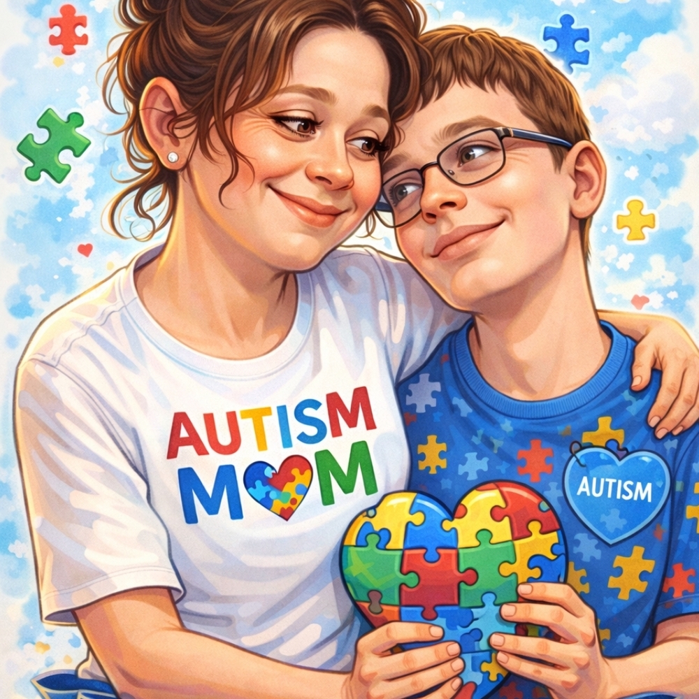 Autism Mom Graphic Tee - White with Multicolor Puzzle Heart
